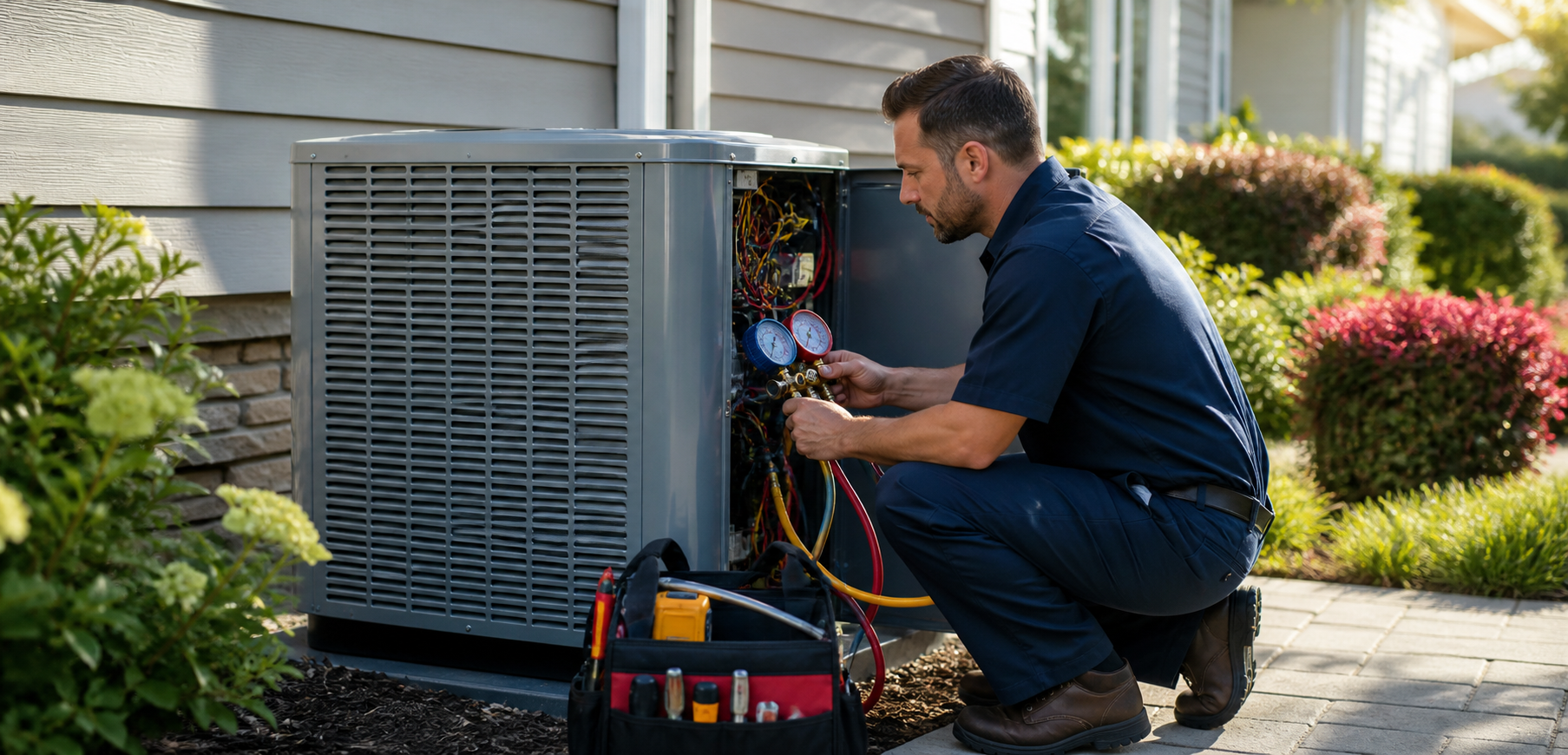 HVAC technician servicing a residential air conditioner