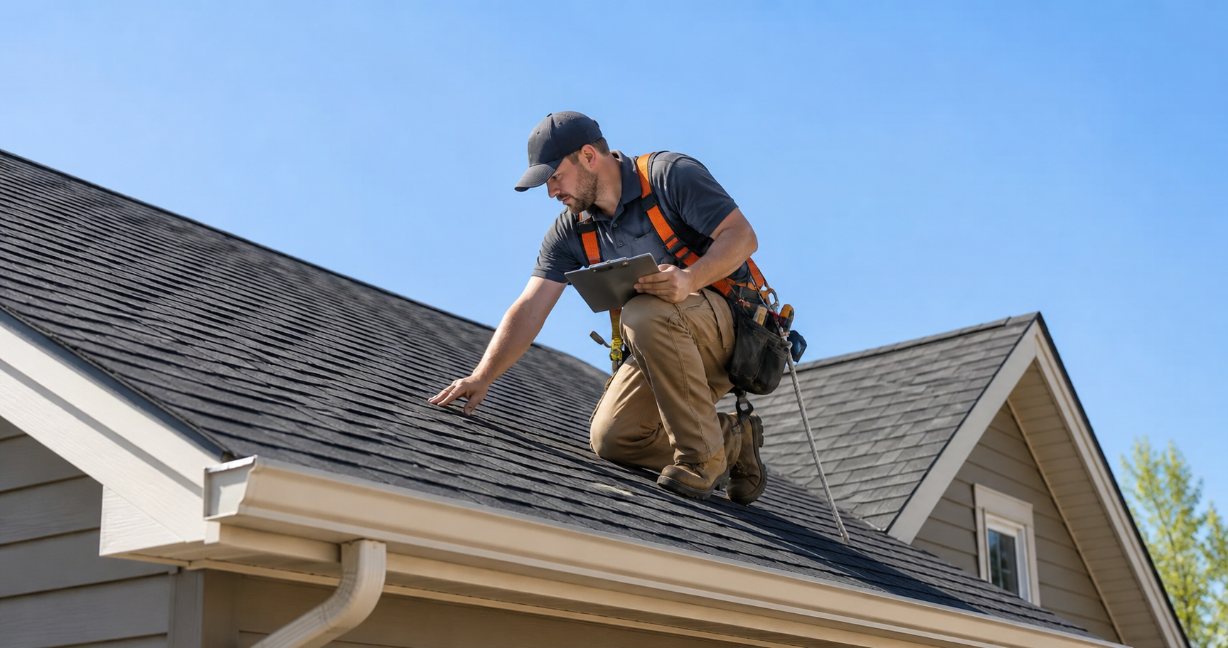 Professional roofer inspecting residential shingles