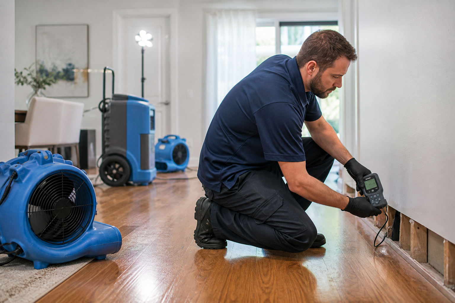 Water damage restoration technician using a moisture meter